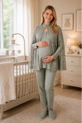 Mecit 6402 Elegant Yeşil Dantel Pelerinli Lohusa Pijama Takımı